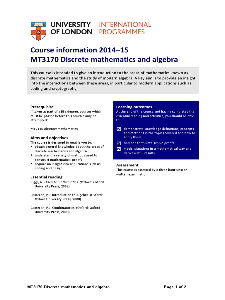 MT3170 Discrete Mathematics and Algebra | PDF | Discrete Mathematics ...
