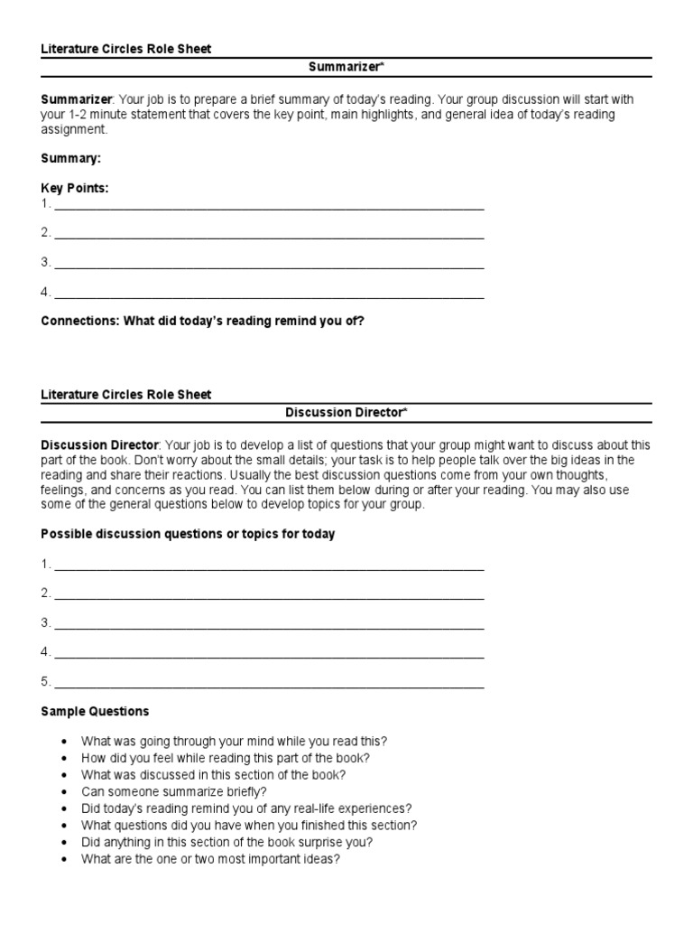 literature circles role sheets advanced Books Vocabulary