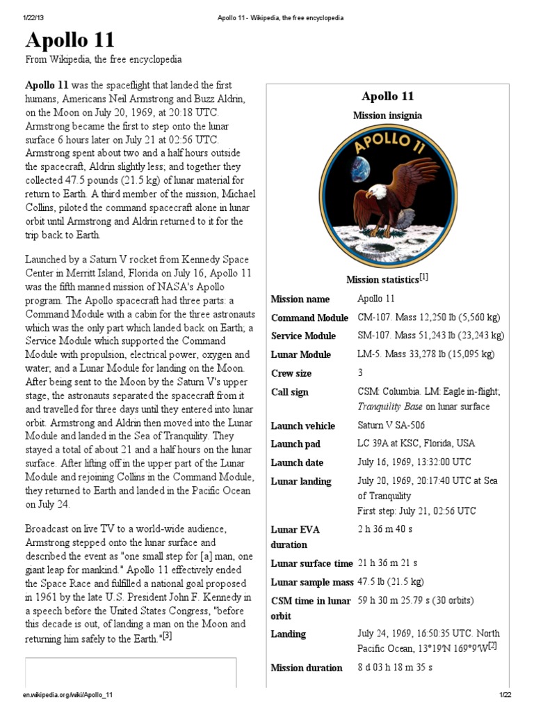 Apollo 11 Wikipedia The Free Encyclopedia Apollo 11 Apollo Program