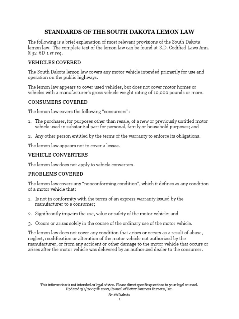 South Dakota Lemon Law PDF Business Law Private Law