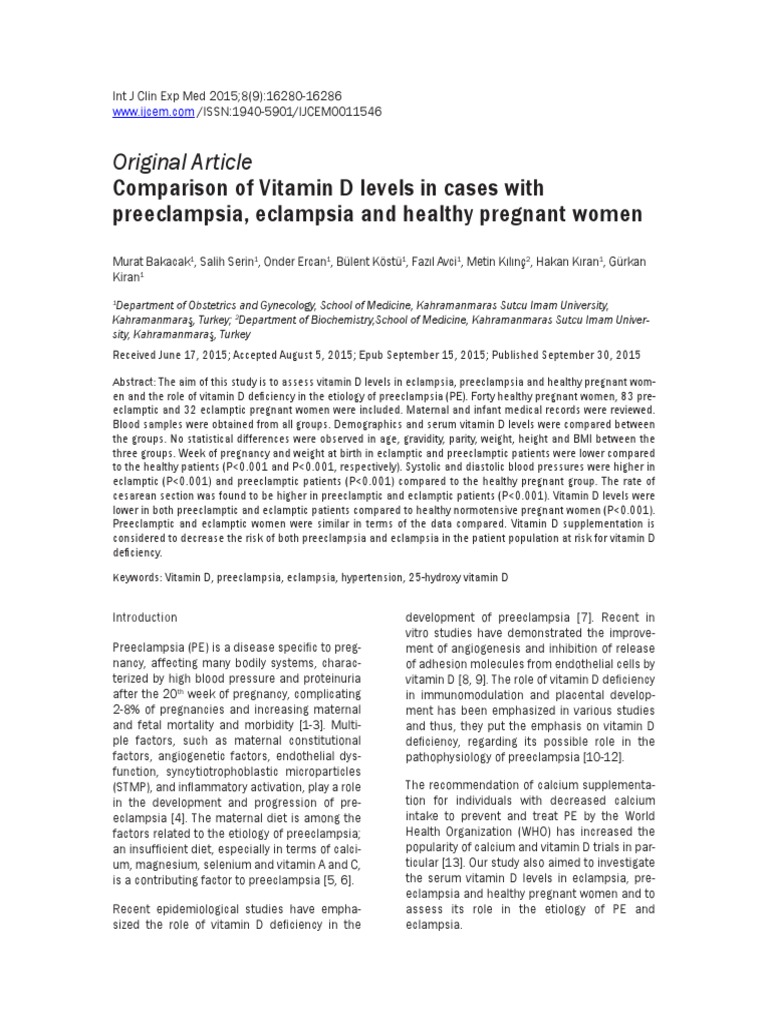 Original Article Comparison of Vitamin D Levels in Cases With Preeclampsia, Eclampsia and