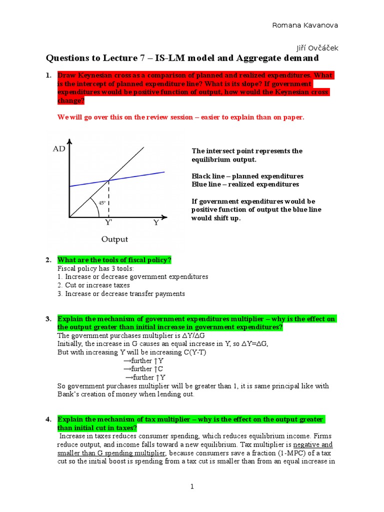 Questions To Lecture 7 Is Lm Model And Aggregate Demand Pdf