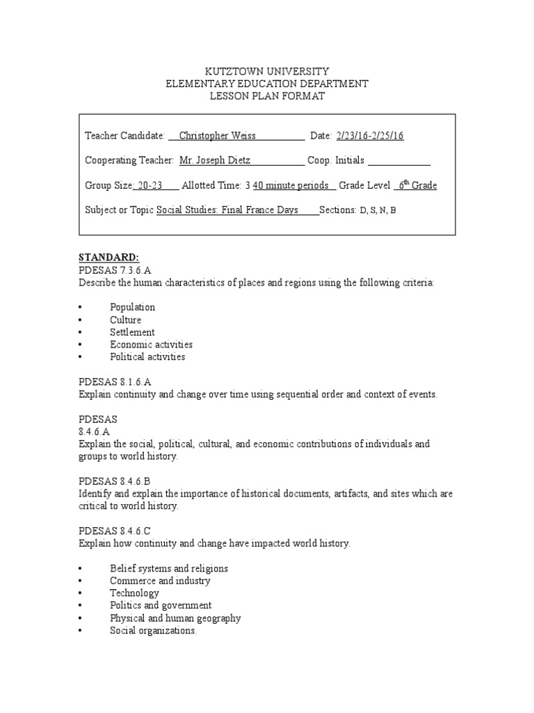 6th Grade Social Studies Lesson Plan | PDF | Teachers | Test (Assessment)
