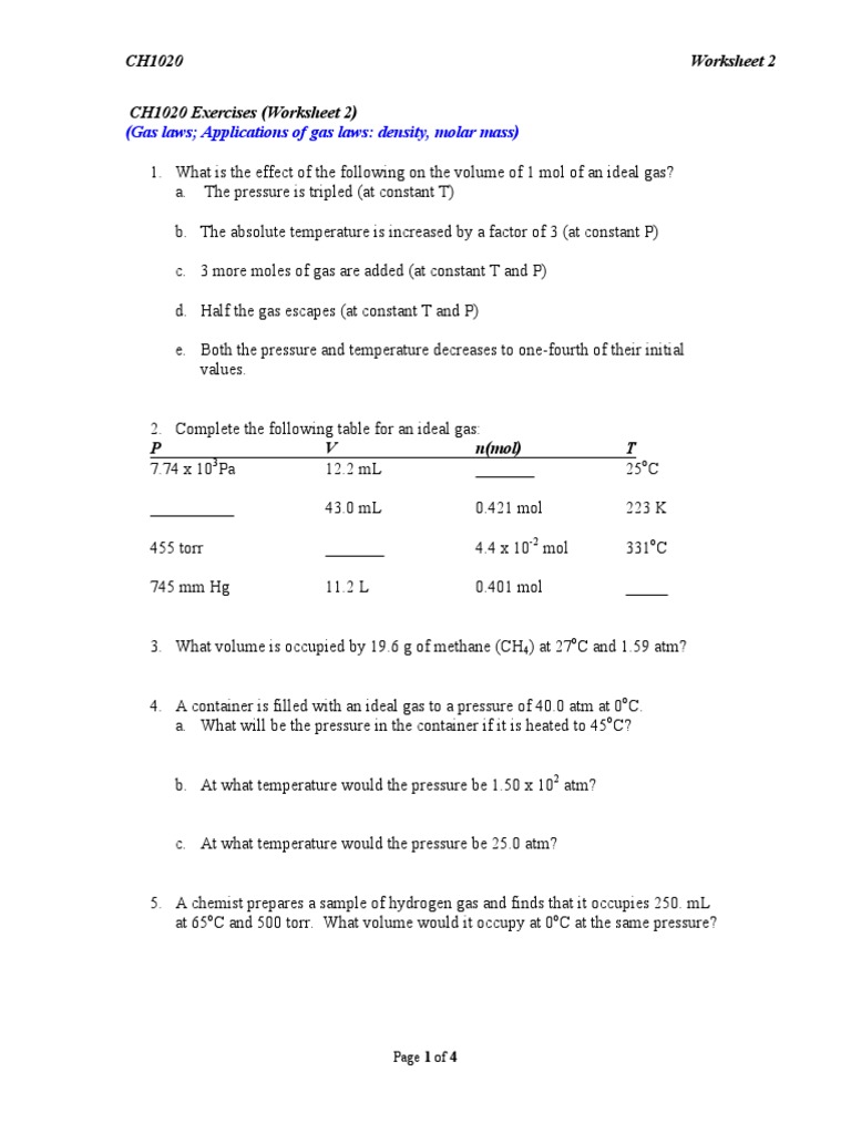 Worksheet - 2 (Gas Laws, Density, Molar Mass) | Gases | Mole (Unit)