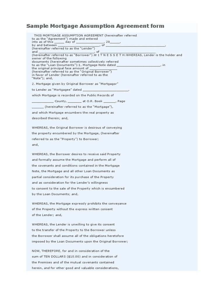 Sample Mortgage Assumption Agreement Form PDF Mortgage Law Loans