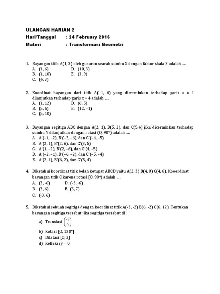 Ulangan Harian Transformasi Geometri Smk Teknik