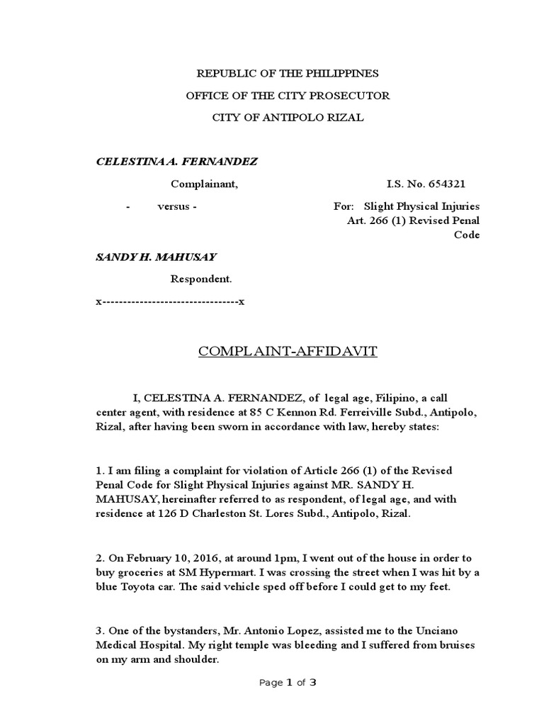 Complaint for Slight Physical Injuries | PDF | Politics