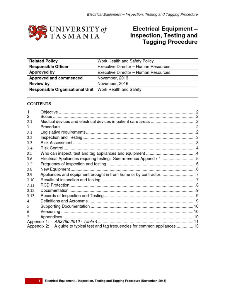 Electrical Equipment Inspection Testing and Tagging Procedure