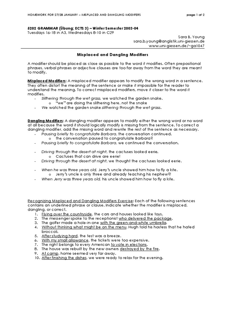 worksheet Dangling And Misplaced Modifiers Worksheet misplaced dangling modifiers sentence linguistics style fiction