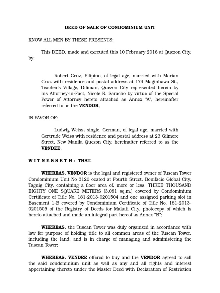 Deed of Absolute Sale: Condo Unit | PDF | Condominium | Deed