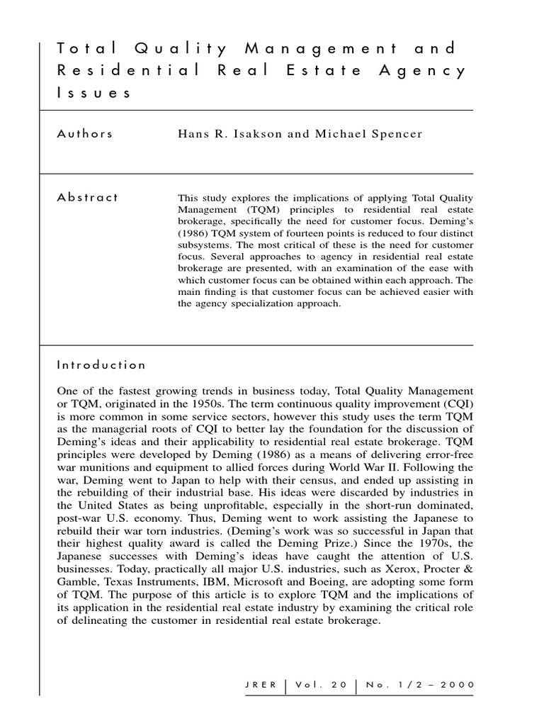 TQM in Real Estate PDF Real Estate Broker Law Of Agency
