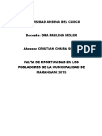 Falta de Oportunidad Laboral en Los Pobladores de La Municipalidad de Marangani 2015