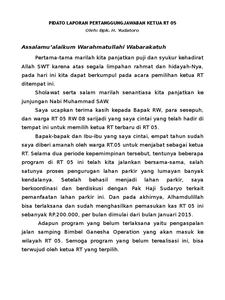 Pidato Laporan Pertanggungjawaban Ketua Rt 05