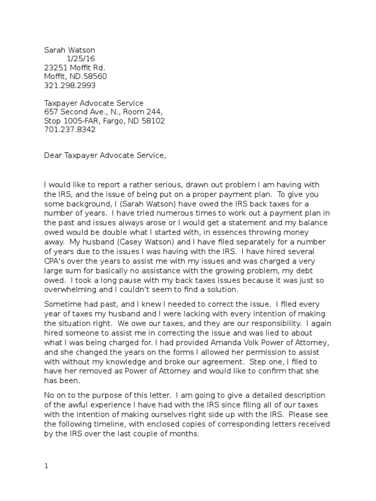 Dear Taxpayer Advocate Service Pdf Internal Revenue Service Mail