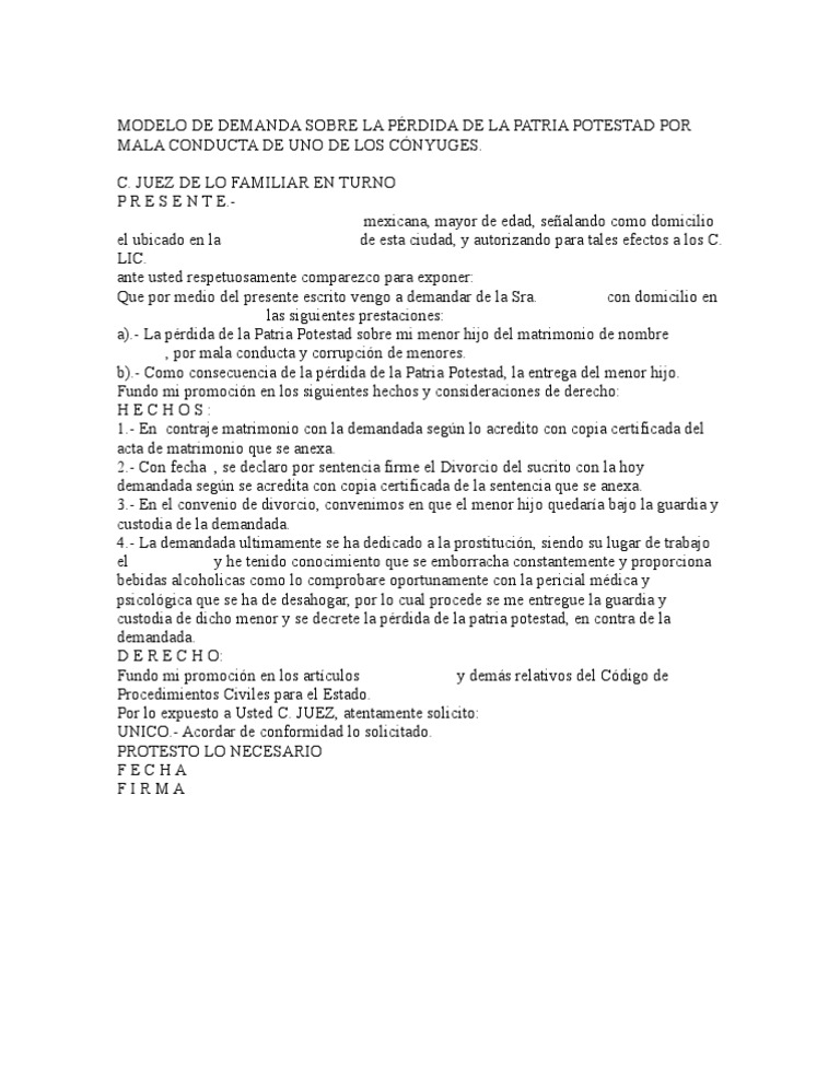 MODELO DE DEMANDA SOBRE LA PÉRDIDA DE LA PATRIA POTESTAD POR