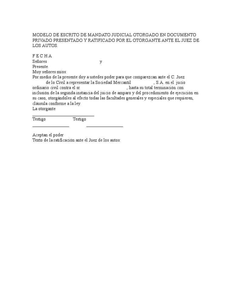 Modelo De Escrito De Mandato Judicial Otorgado En Documento P