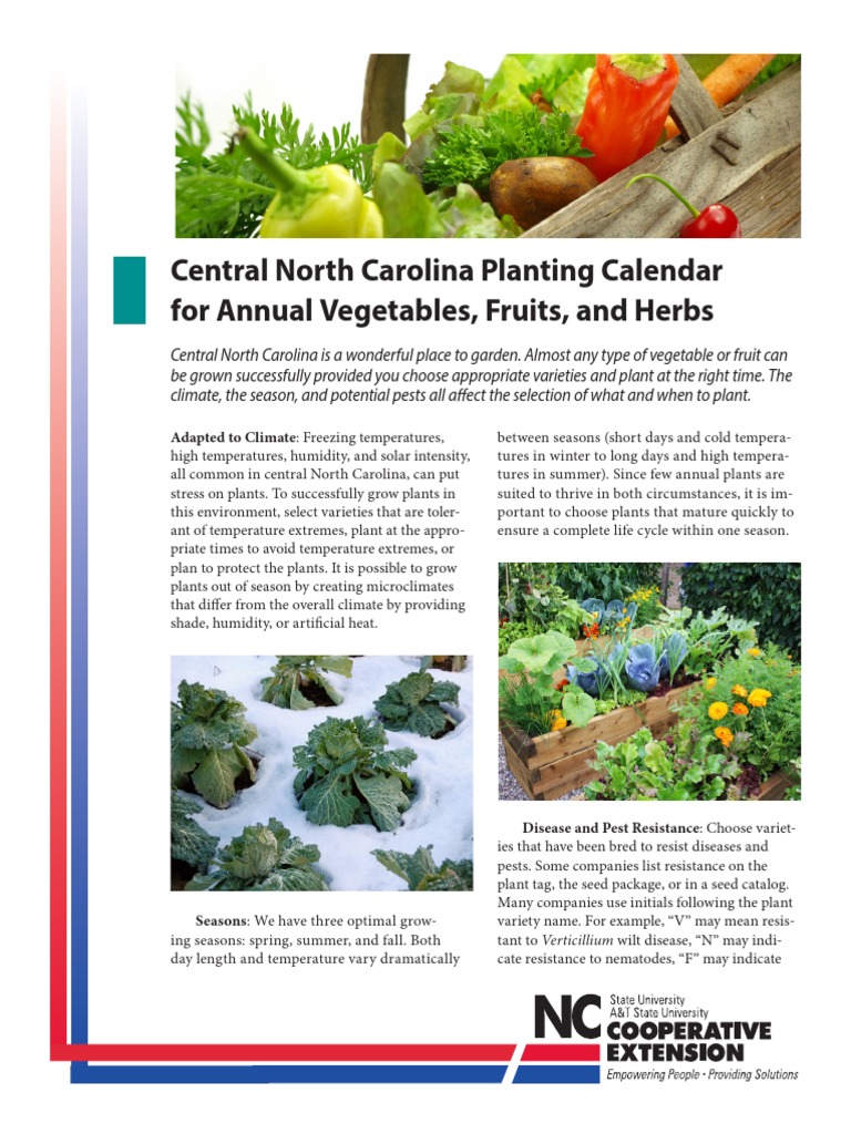 Central North Carolina Planting Calendar for Annual Vegetables Fruits
