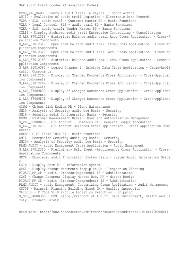 SAP Audit Trail Tcodes (Transaction Codes) PDF Computing