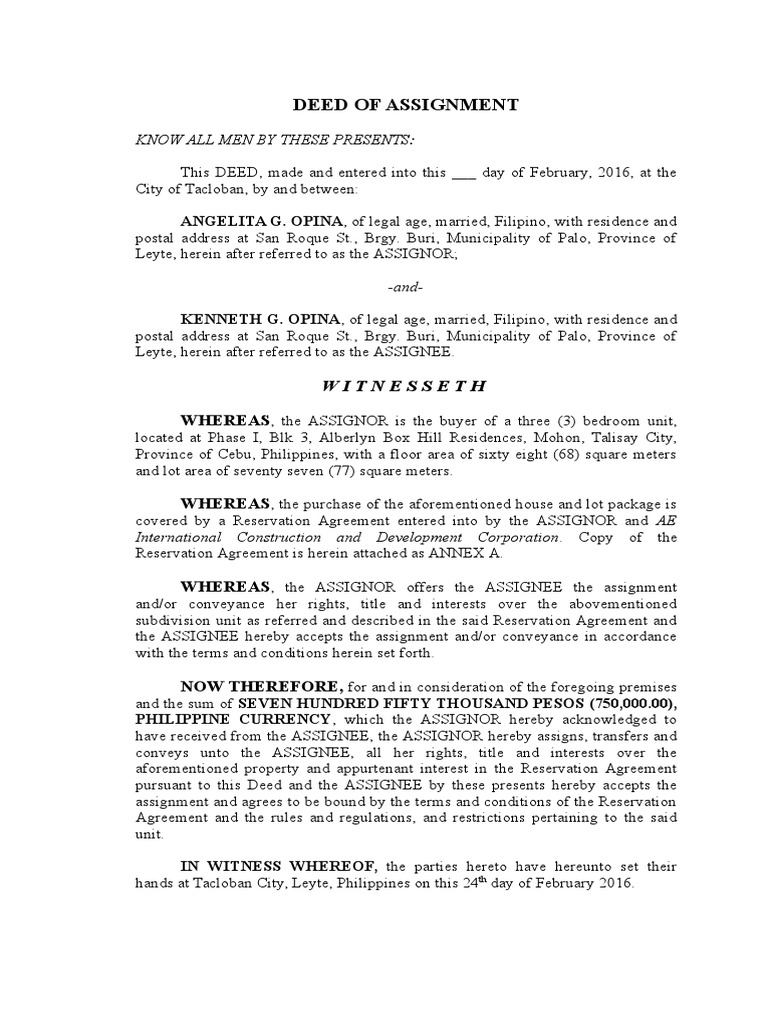 Deed of Assignment | PDF | Assignment (Law) | Deed