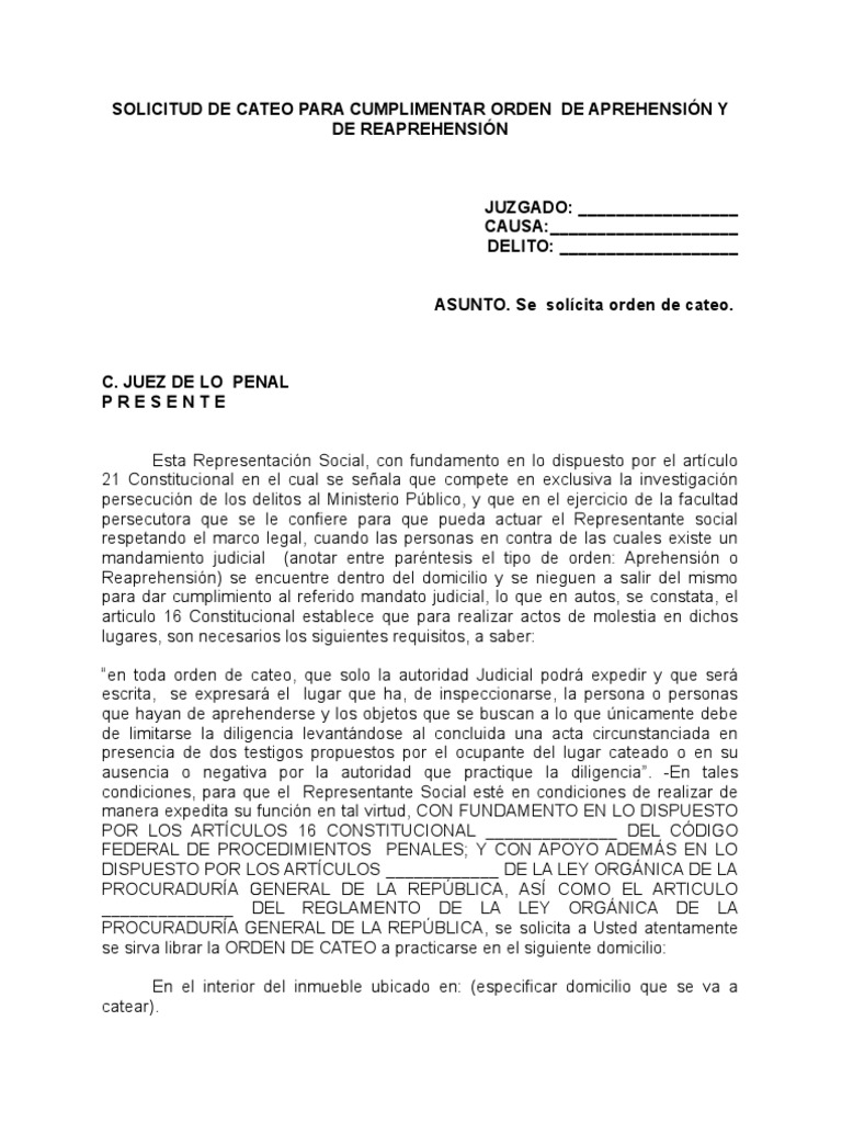 SOLICITUD DE CATEO PARA CUMPLIMENTAR ORDEN DE APREHENSIÓN 