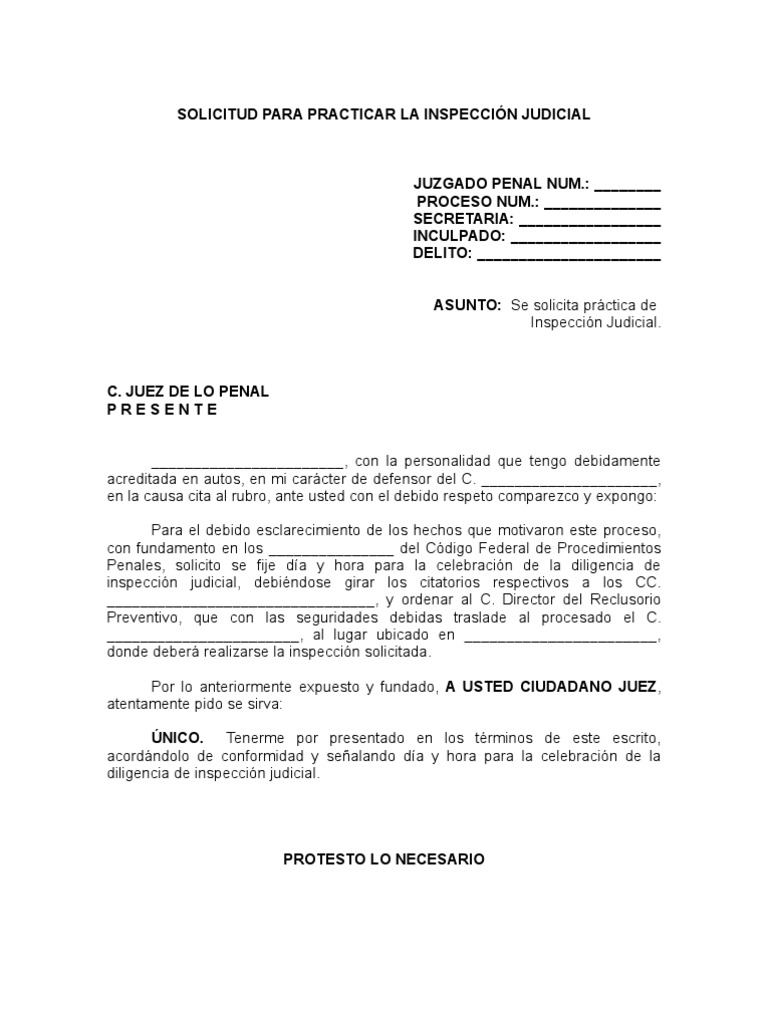 SOLICITUD PARA PRACTICAR LA INSPECCIÓN JUDICIAL