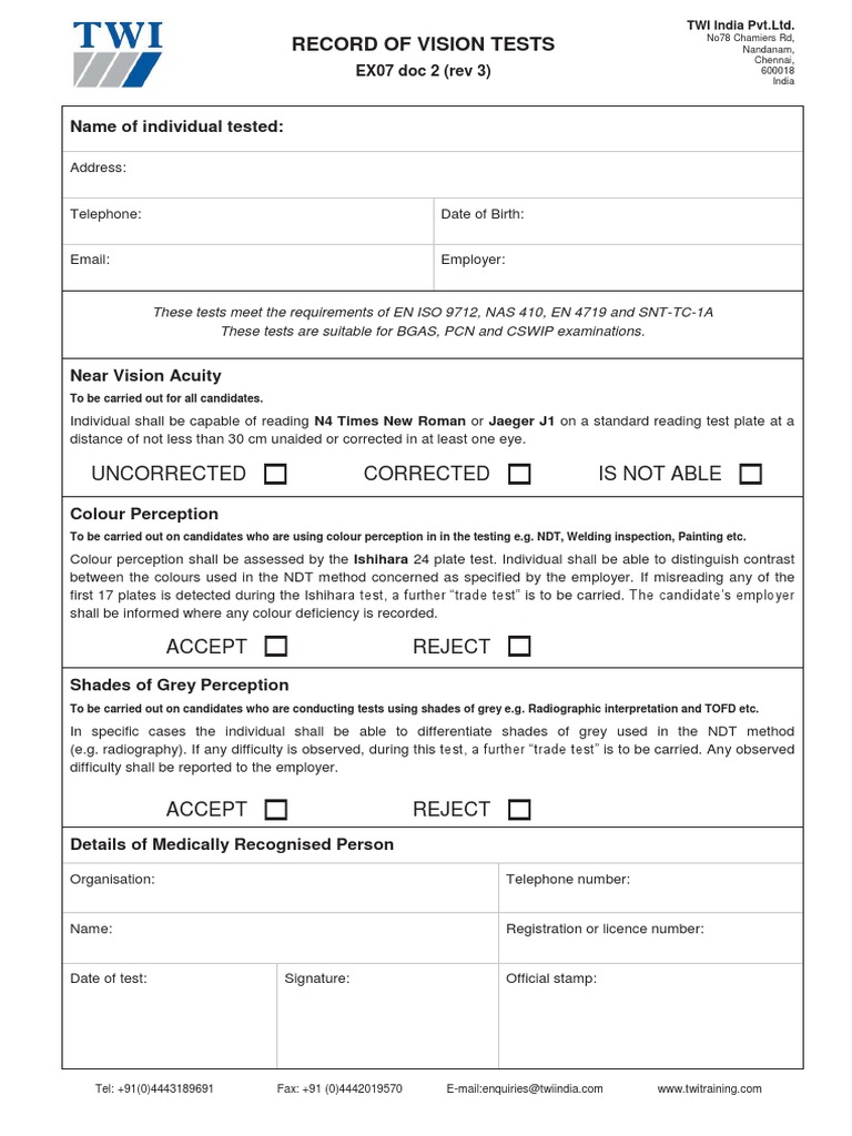 Vision Test Record for NDT Candidates | PDF | Career & Growth ...