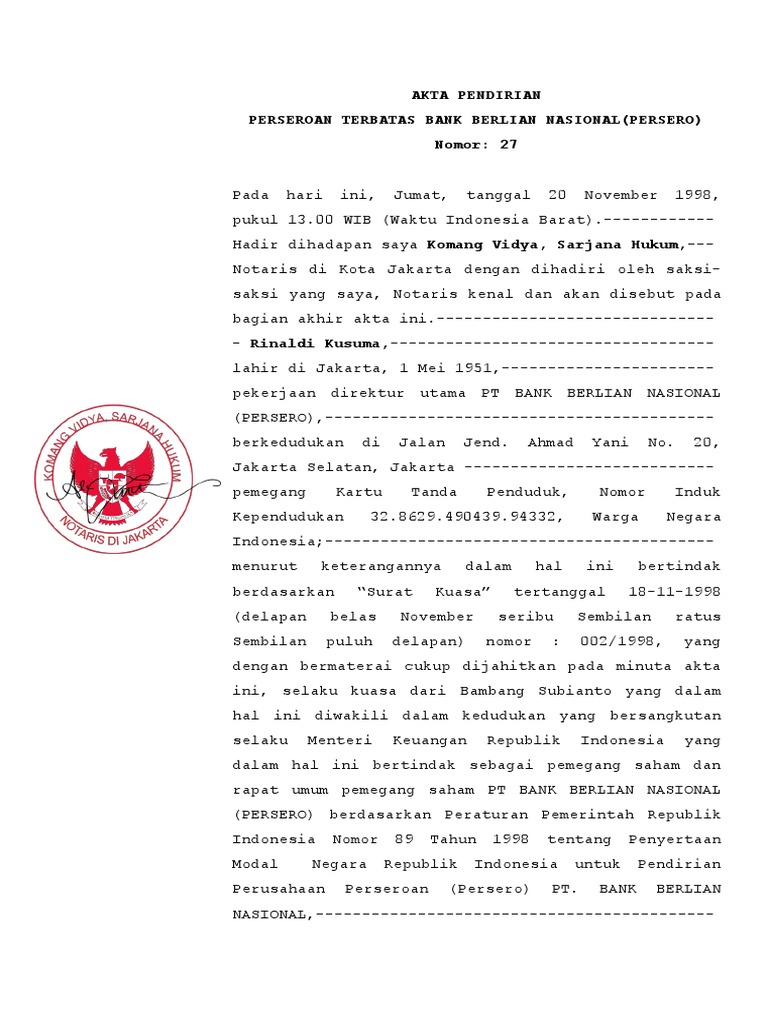 Contoh Akta Pendirian Bank