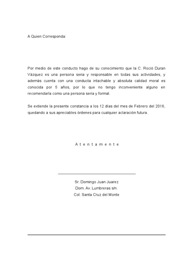 Carta de Recomendacion Personal