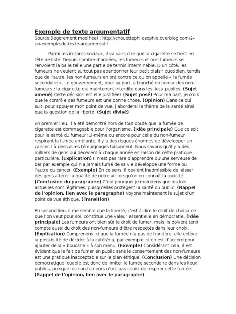 Exemple de Texte Argumentatif (1)  Fumée du tabac  Cigarette
