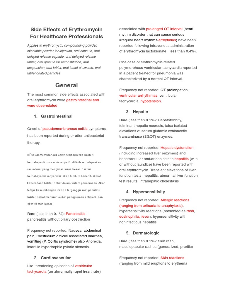 Side Effects of Erythromycin & Indication PDF Pneumonia Cardiac