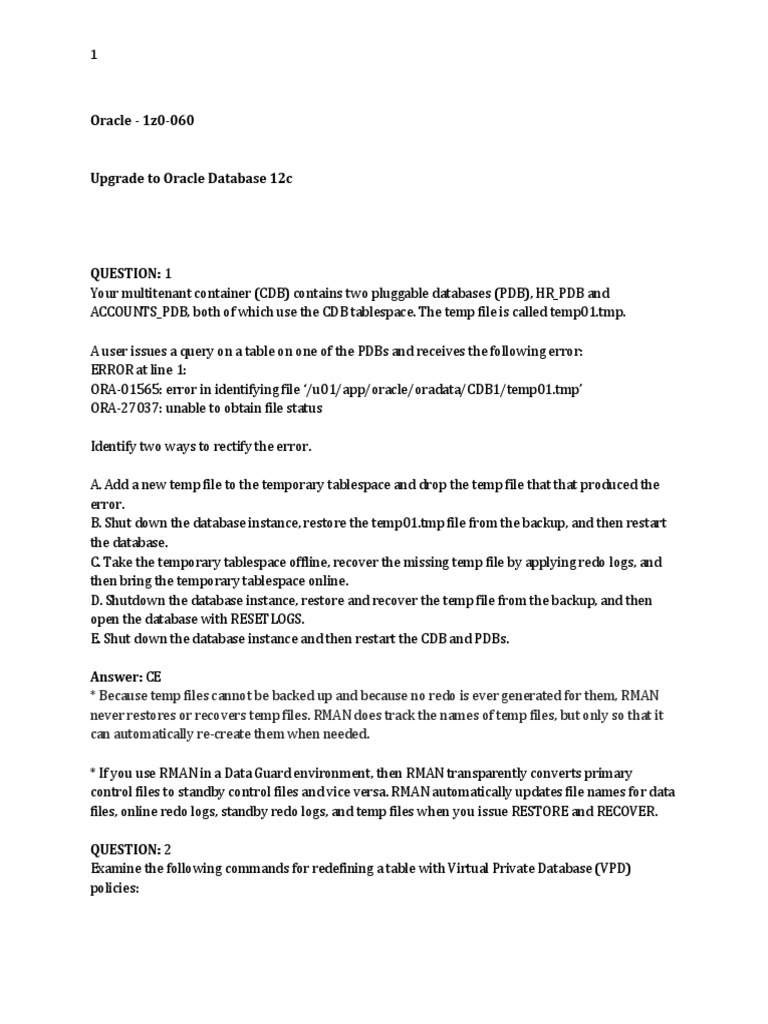 Oracle 12c Upgrade Exam Guide | PDF | Oracle Database | Databases