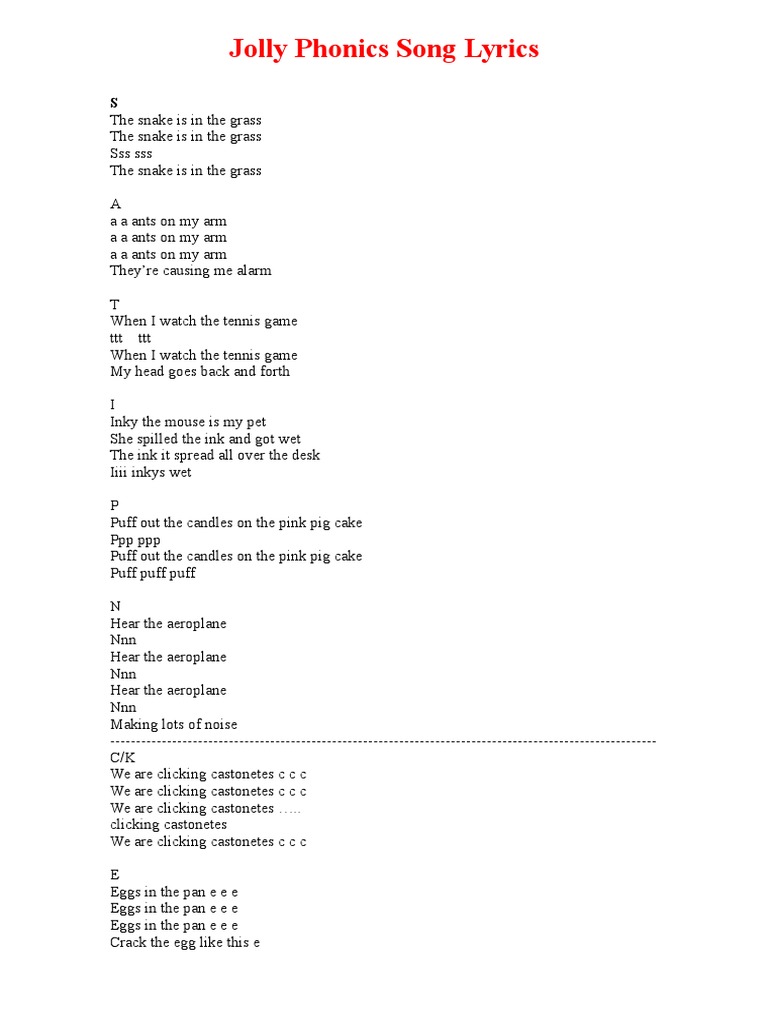 Jolly Phonics Song Lyrics | PDF | Nature