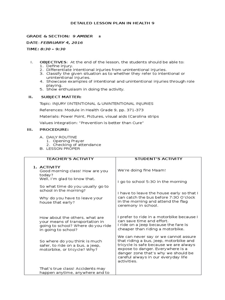 Detailed Lesson Plan in Health (Final Demo) | PDF | Lesson Plan | Injury