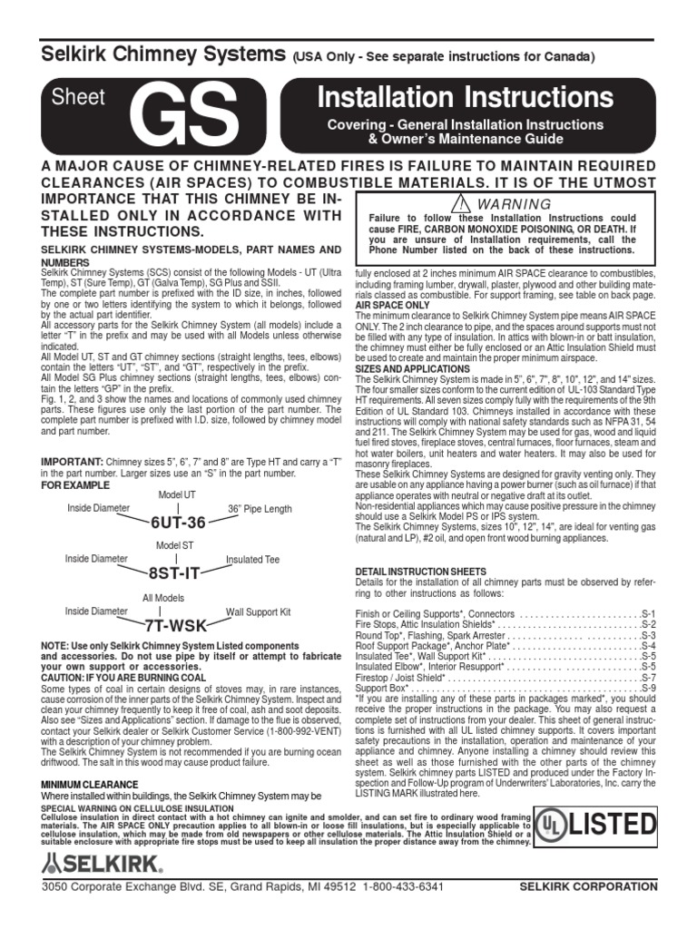 Selkirk Ultra Temp Chimney Installation Guide PDF Chimney Stove