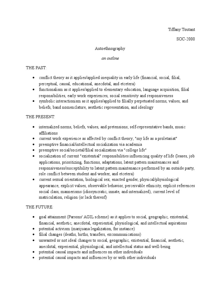 Autoethnography Outline PDF Socialization Value (Ethics)