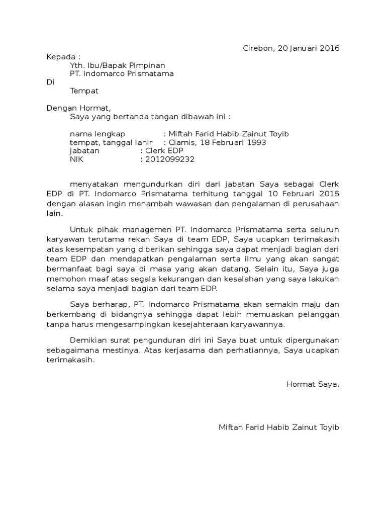 Surat Pengunduran Diri Pdf