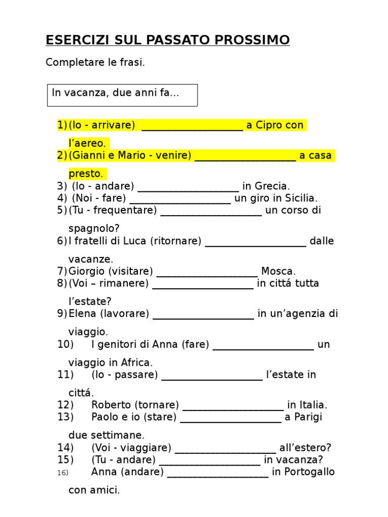 11 esercizi sul passato prossimo