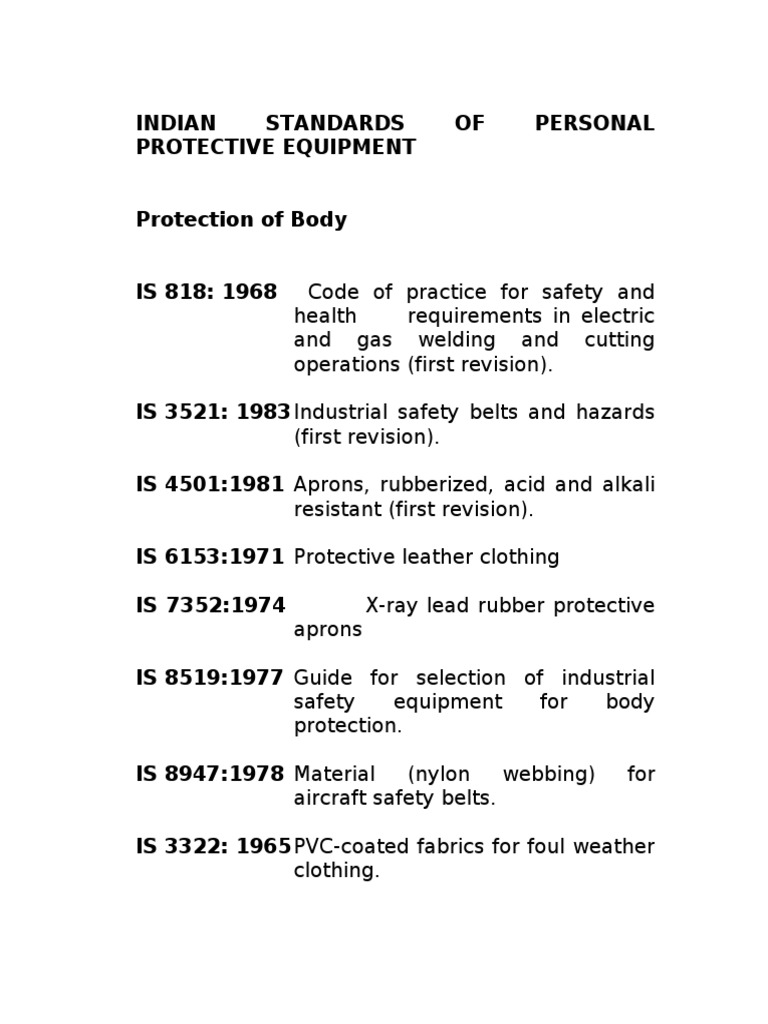 Indian Standards For PPE Personal Protective Equipment Safety
