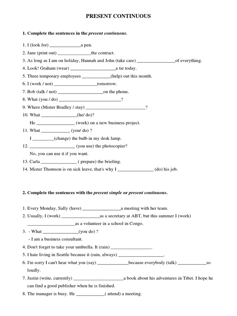 Complete The Sentences in The Present Continuous | PDF