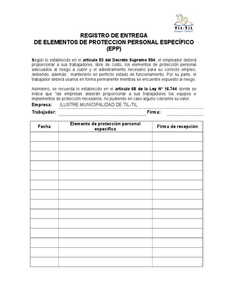 Registro Entrega Elementos de Protección Personal