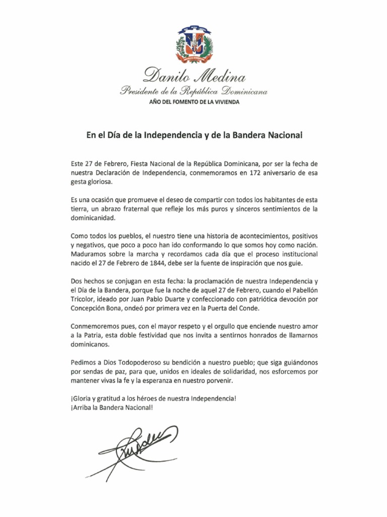 Mensaje Del Presidente Danilo Medina en El Día de La Independencia y de ...
