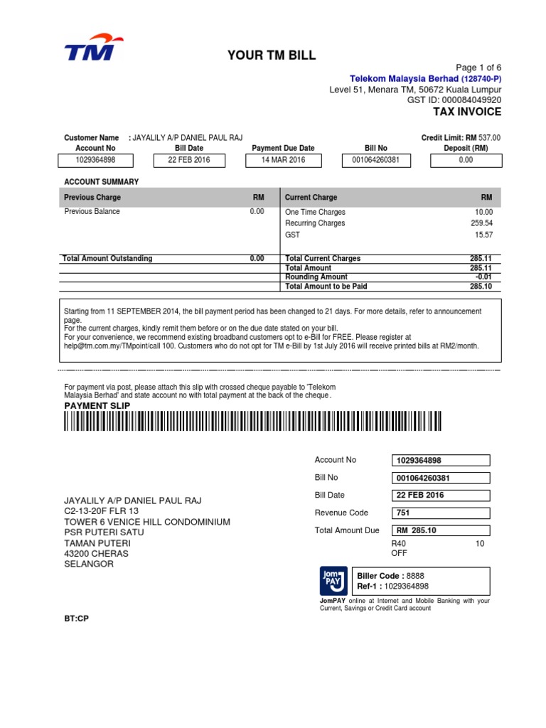 Unifi Bill PDF Invoice Debit Card