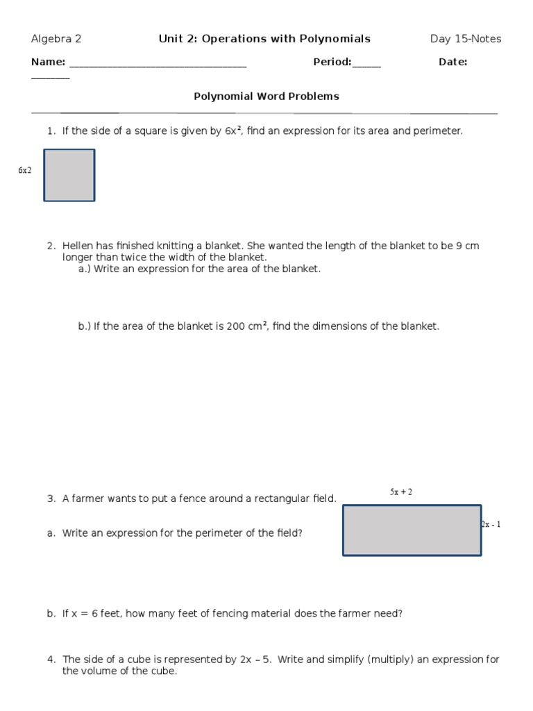 Polynomial  Word Problems Worksheet  PDF  Area  Field (Mathematics) For Polynomial  Word Problems Worksheet