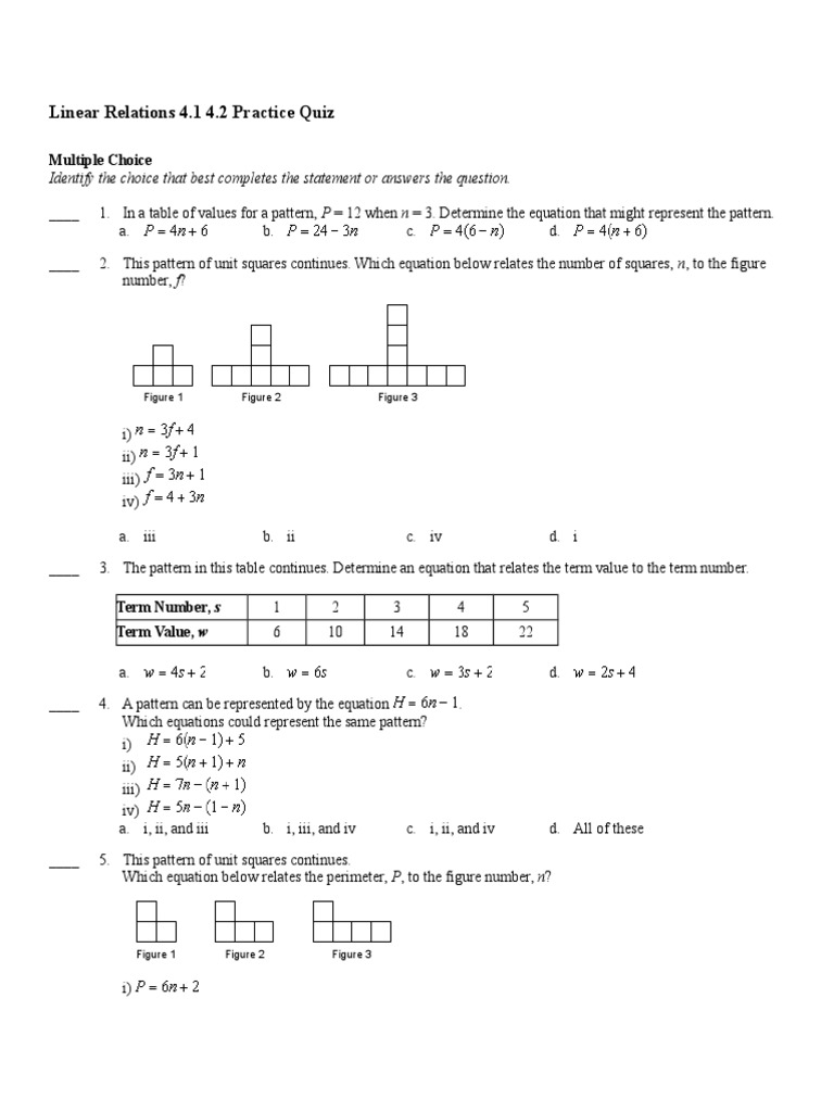 Linear Relations Practice Quiz 4.1-4.2 | PDF | Speed | Equations
