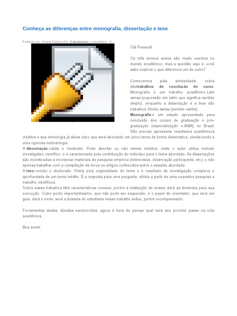 Diferenças entre Monografia, Dissertação e Tese | PDF