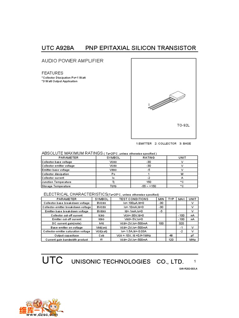 UTC A928A PNP Epitaxial Silicon Transistor Audio Power Amplifier PDF