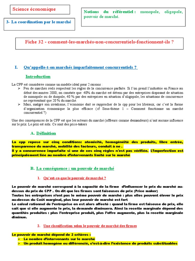 Comment Les Marches Imparfaitement Concurrentiels Fonctionnent Ils Fiche 32 - Comment Les Marchés Non Concurrentiels Fonctionnent-T-Ils | PDF  | Monopole | Oligopole