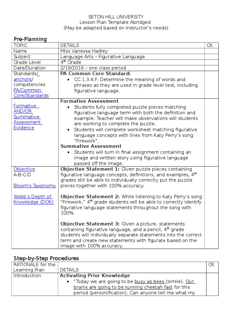 4th Grade Figurative Language Lesson Plan | PDF | Idiom | Educational ...