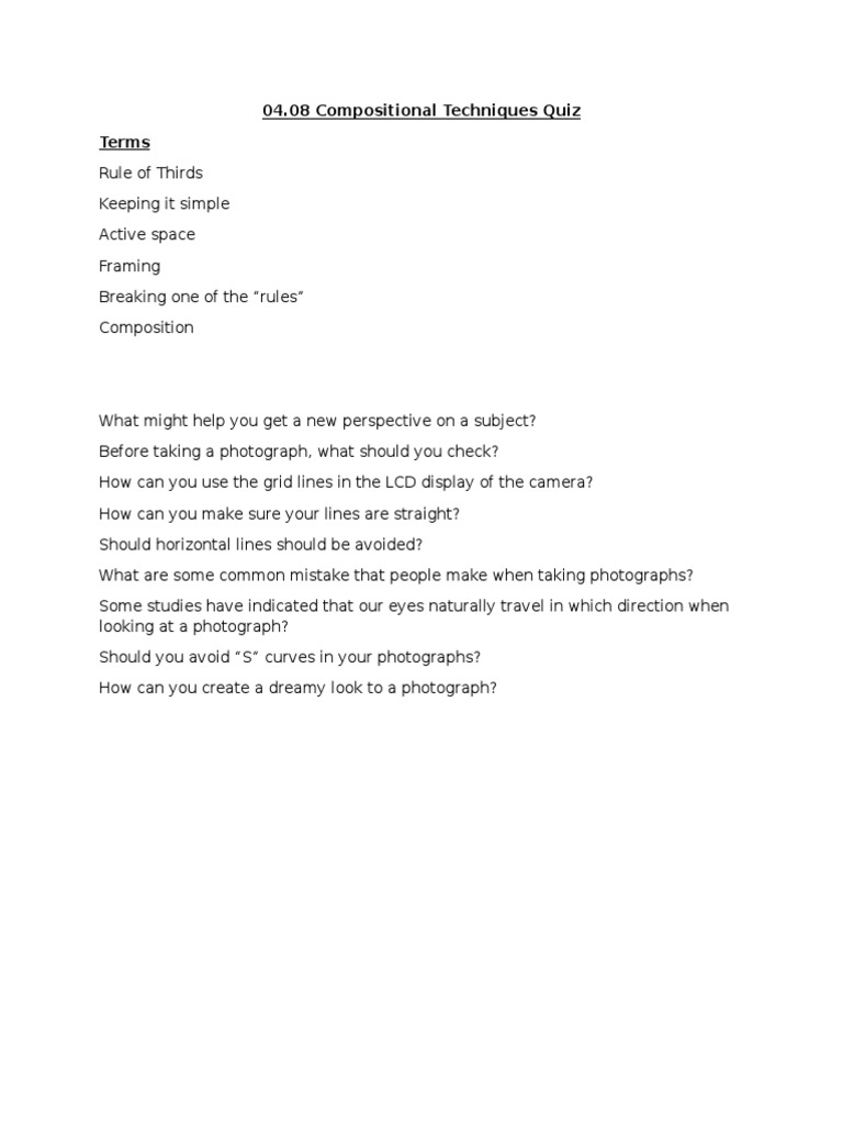 Compositional Techniques in Photography Quiz | PDF | Computers ...