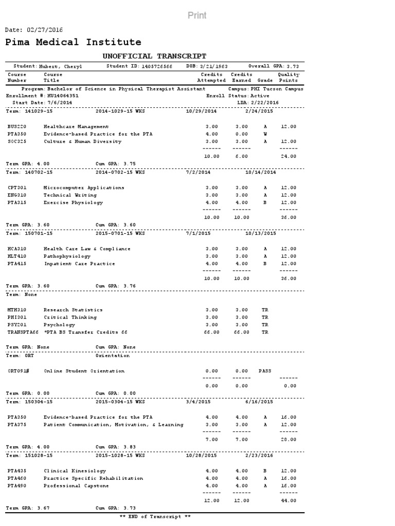 Pima Medical Institute Unofficial Transcript PDF